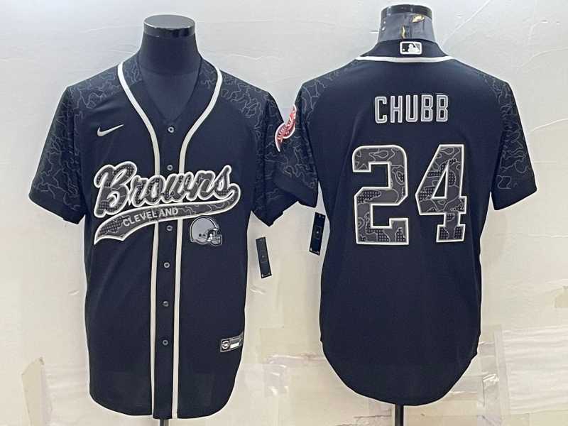 Mens Cleveland Browns #24 Nick Chubb Black Reflective With Patch Cool Base Stitched Baseball Jersey